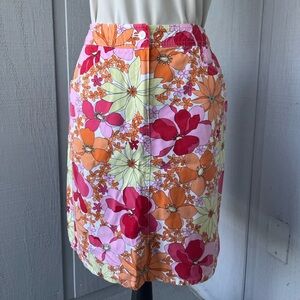Talbots Petites 4 Floral Skirt Pink Orange Tencel Cotton A-Line Preppy Summer